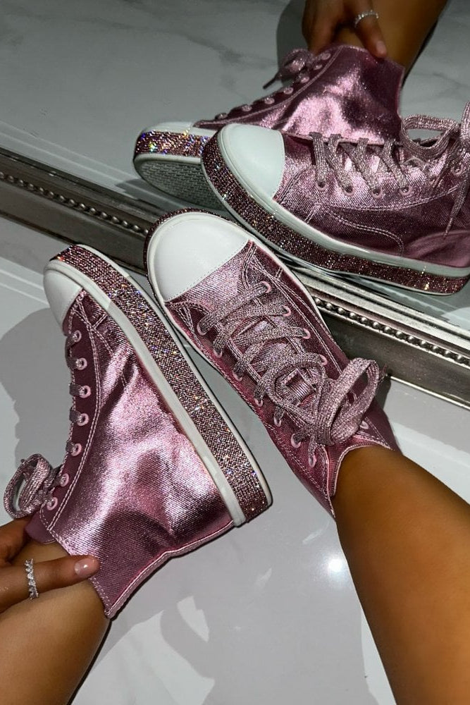Kristallen Canvas Hoge Sneakers in Roze met glinsterende zool 8