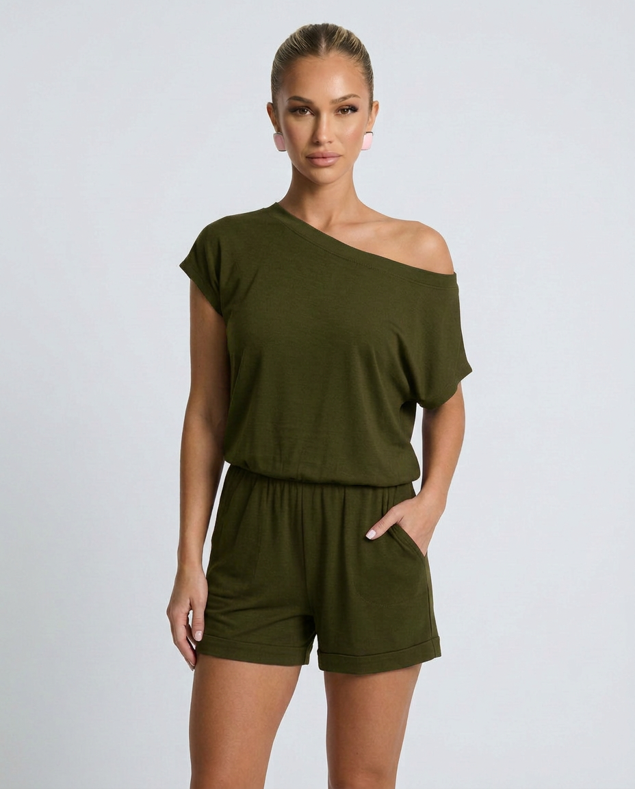 Comfortabele romper met off-shoulder halslijn en korte mouwen voor vrouwen. 4