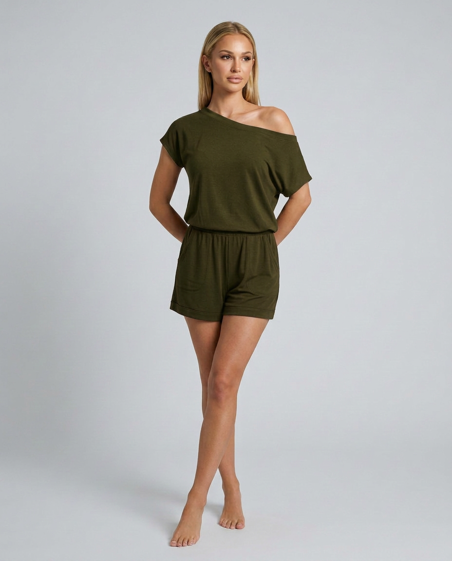 Comfortabele romper met off-shoulder halslijn en korte mouwen voor vrouwen. 6