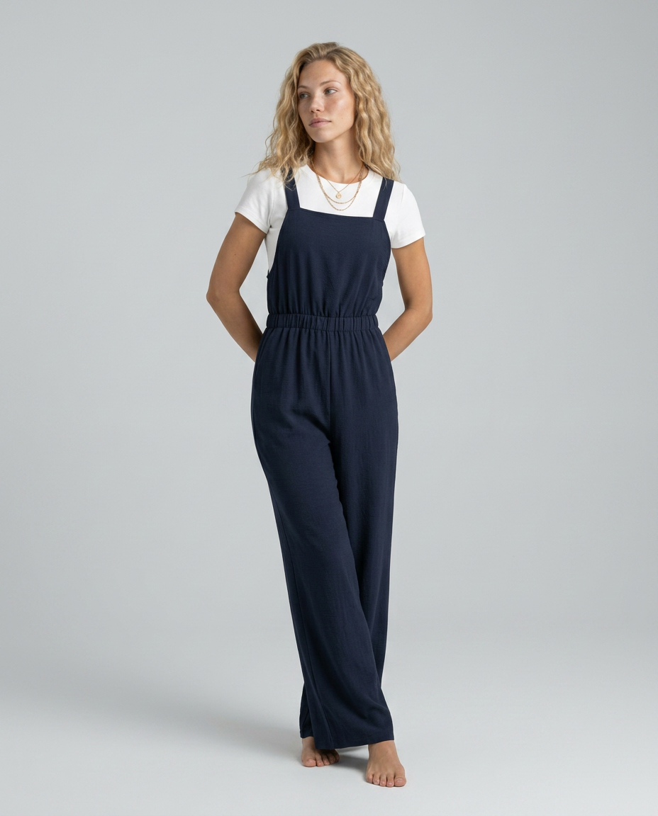 Ina jumpsuit met wijde pijpen en elastische taille in marineblauw. 3