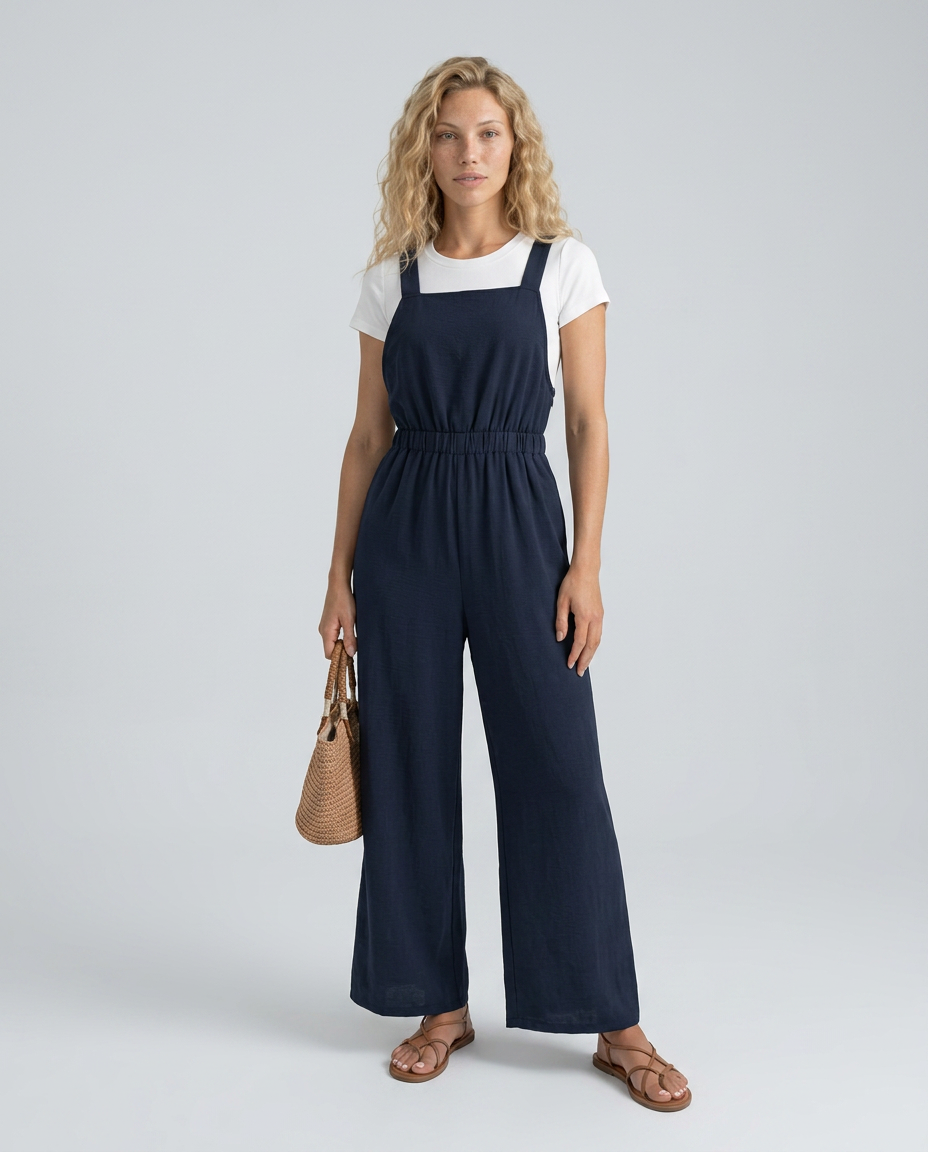 Ina jumpsuit met wijde pijpen en elastische taille in marineblauw. 4