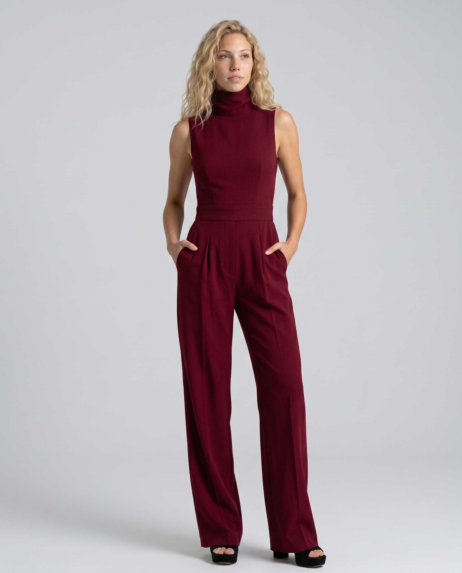 Mouwloze wijde-pijpen jumpsuit in bordeaux kleur voor vrouwen.