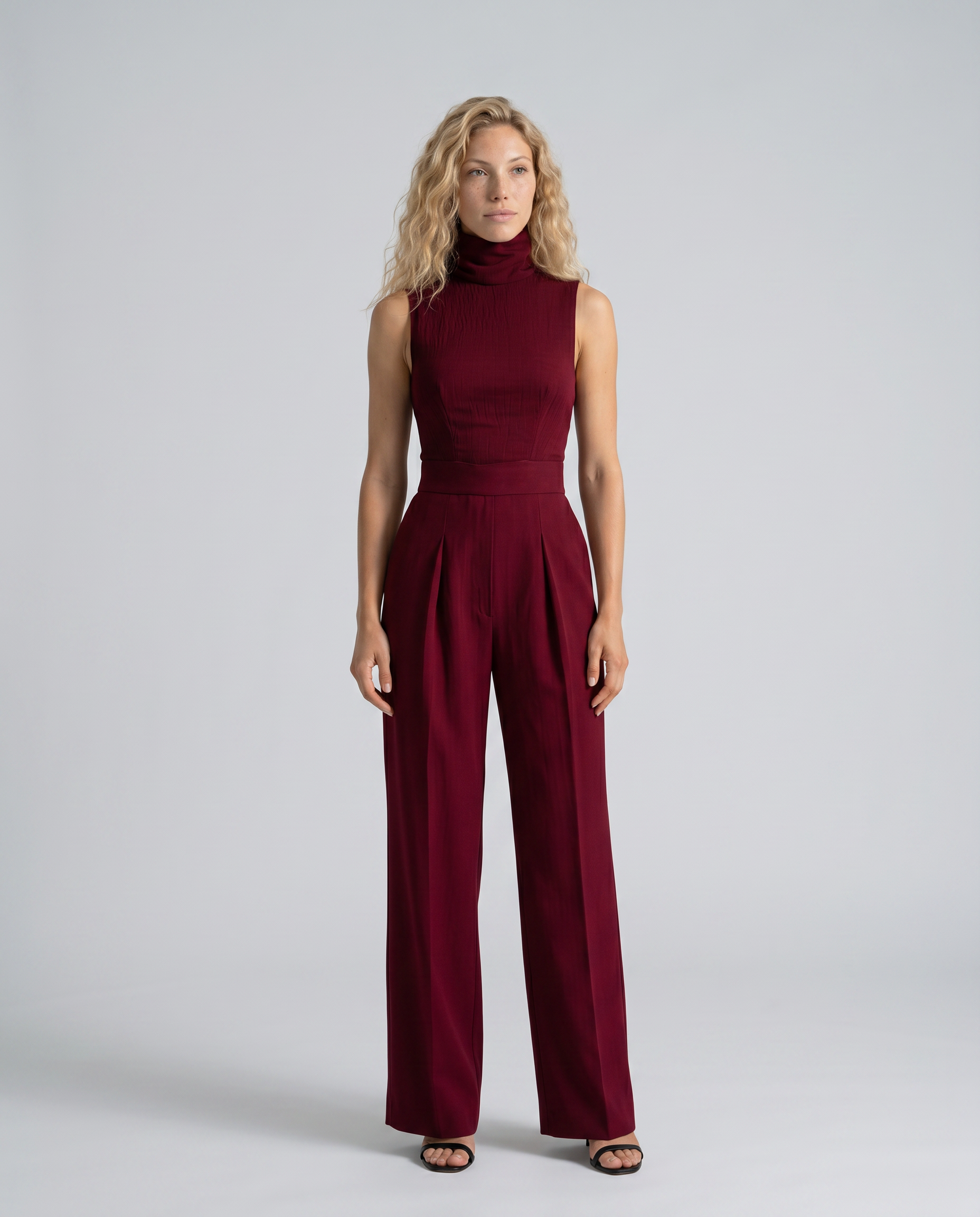 Mouwloze wijde-pijpen jumpsuit in bordeaux kleur voor vrouwen. 3