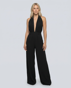 Isabella jumpsuit met V-hals en wijde pijpen in zwart.
