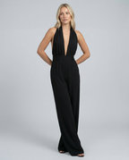 Isabella jumpsuit met V-hals en wijde pijpen in zwart. 4