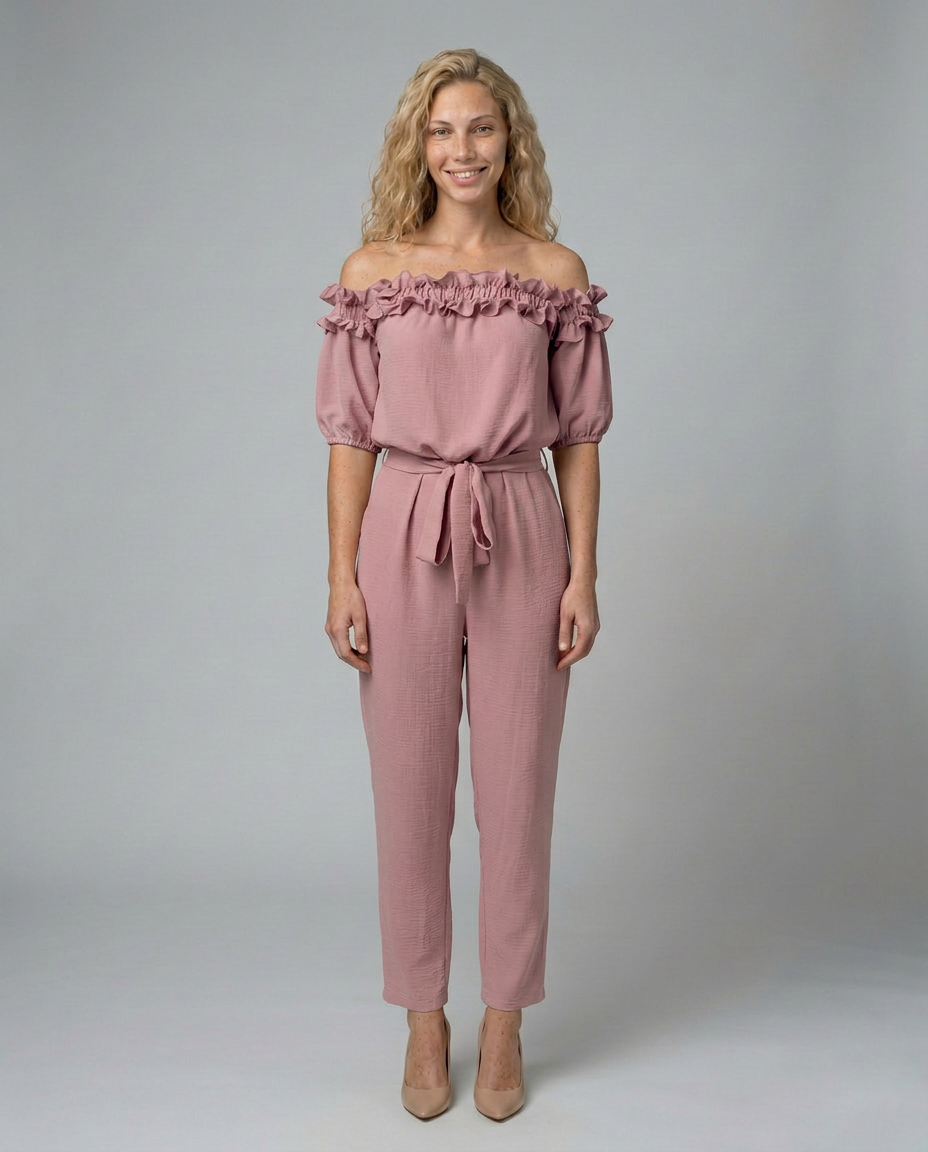 Jessie off-shoulder jumpsuit met elegante tailleband in perzikkleur 10
