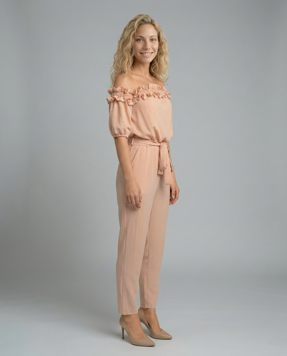 Jessie off-shoulder jumpsuit met elegante tailleband in perzikkleur 3