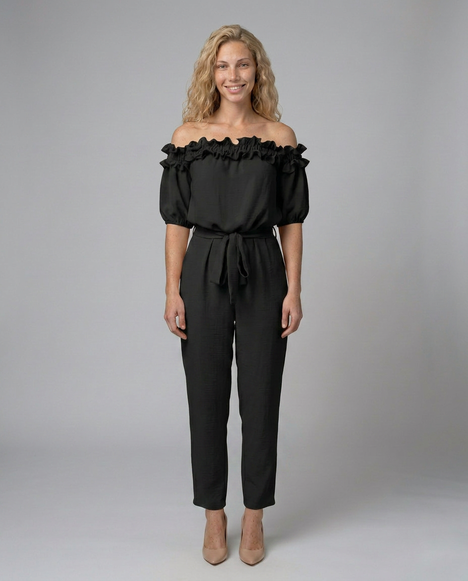 Jessie off-shoulder jumpsuit met elegante tailleband in perzikkleur 4