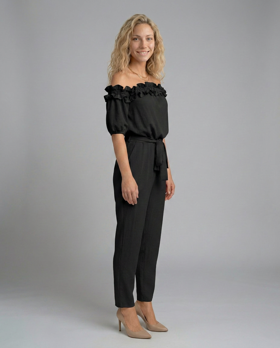 Jessie off-shoulder jumpsuit met elegante tailleband in perzikkleur 6