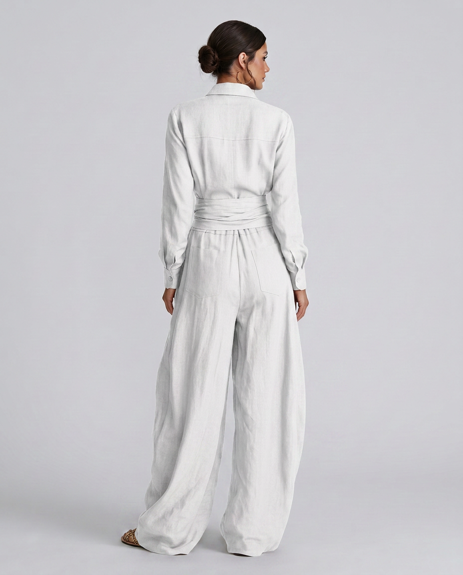 Juliet jumpsuit met shirtkraag en lange mouwen in bruin en wit. 7