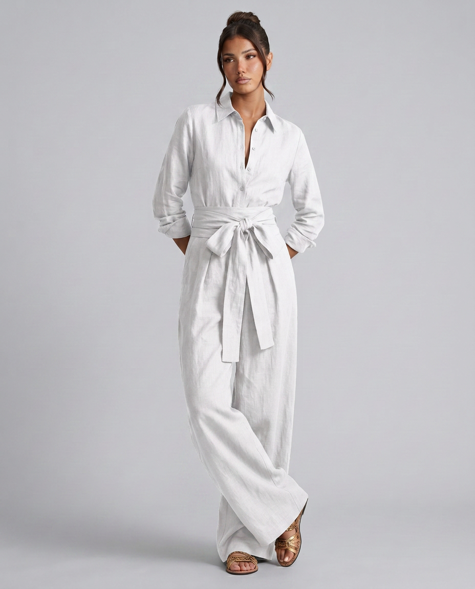 Juliet jumpsuit met shirtkraag en lange mouwen in bruin en wit. 8