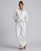 Juliet jumpsuit met shirtkraag en lange mouwen in bruin en wit. 8