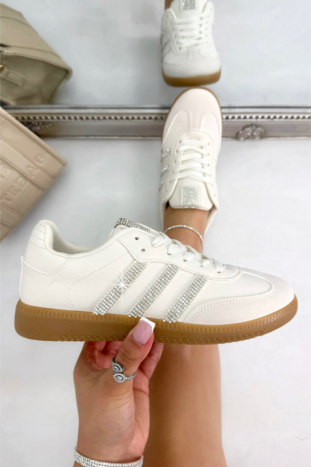 Kristal Stripe Simba Trainers Luxe Editie in Crème Wit met sprankeling. 2