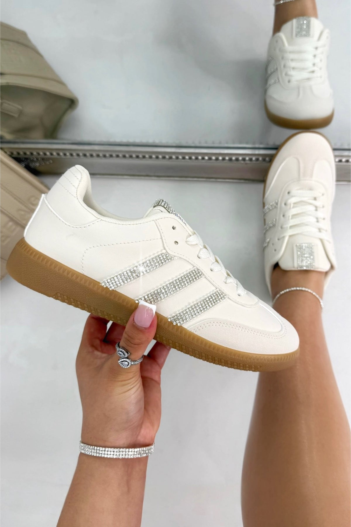 Kristal Stripe Simba Trainers Luxe Editie in Crème Wit met sprankeling. 3