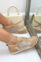 Kristallen Contour Sprankelende Paneel Sneakers in Mocha kleur 2