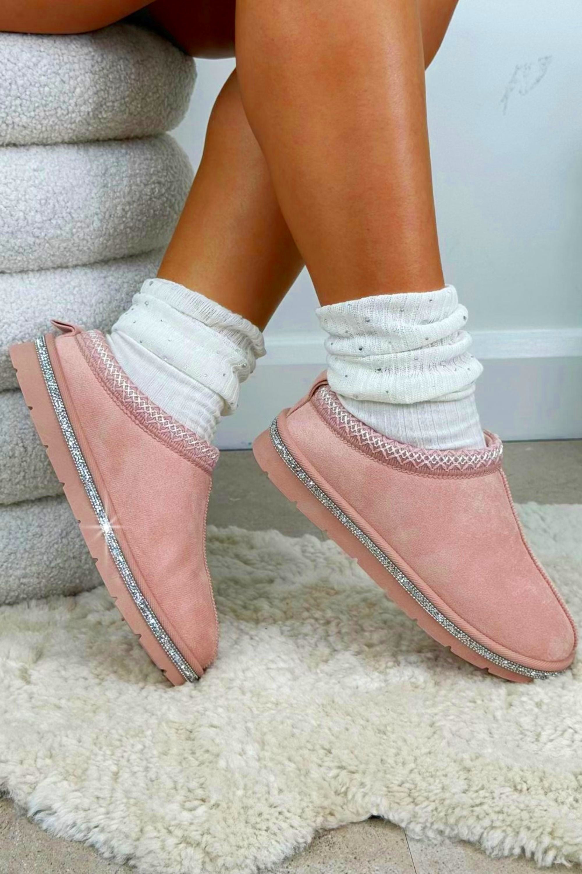Kristallen Tazgirl Faux Fur Gevoerde Mule Klompslippers in Roze 2