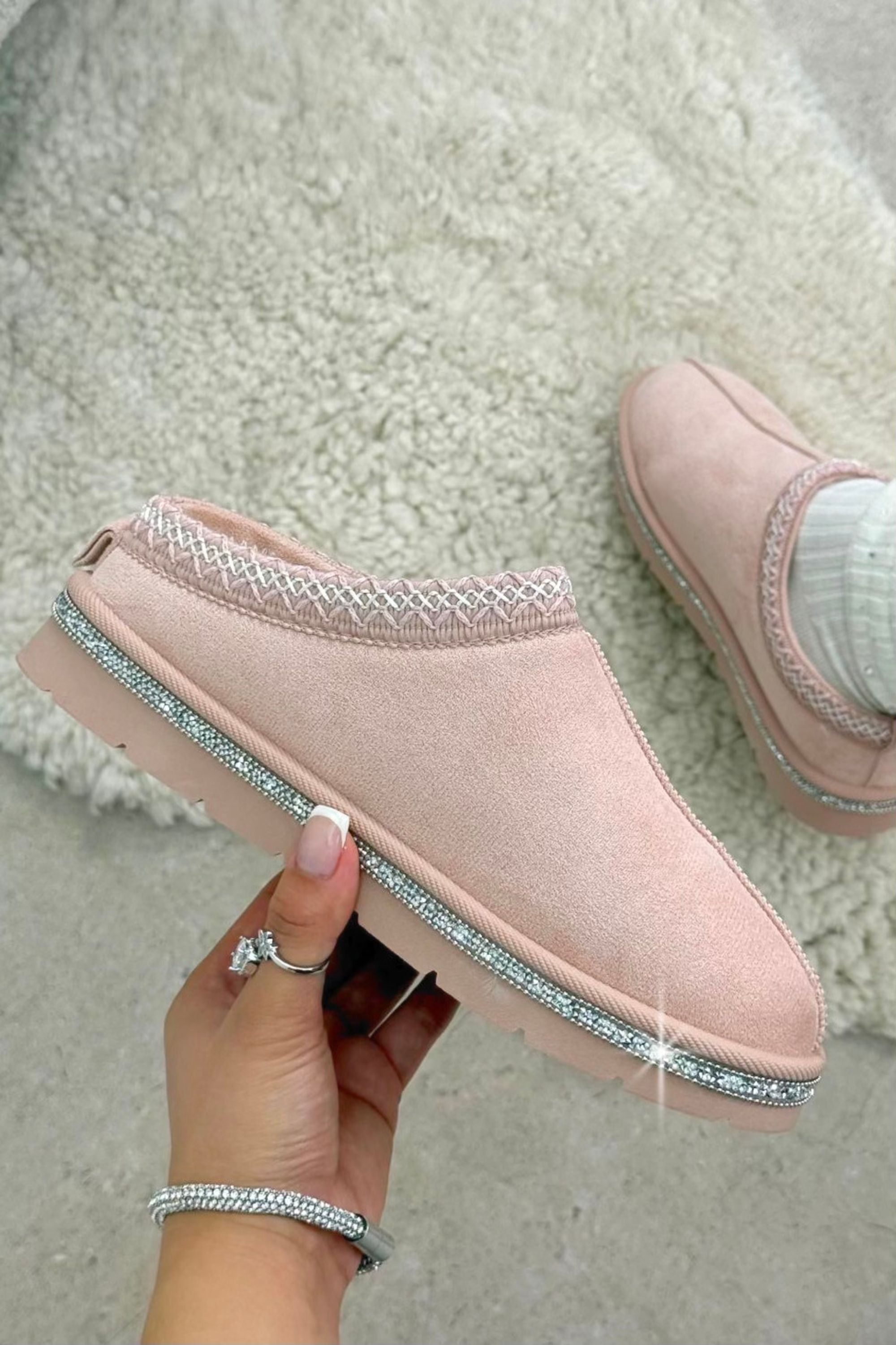 Kristallen Tazgirl Faux Fur Gevoerde Mule Klompslippers in Roze 4