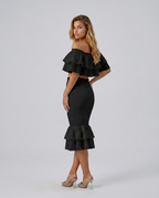 Liorah geborduurde ruffle top en midi rok set in zwart en wit. 3