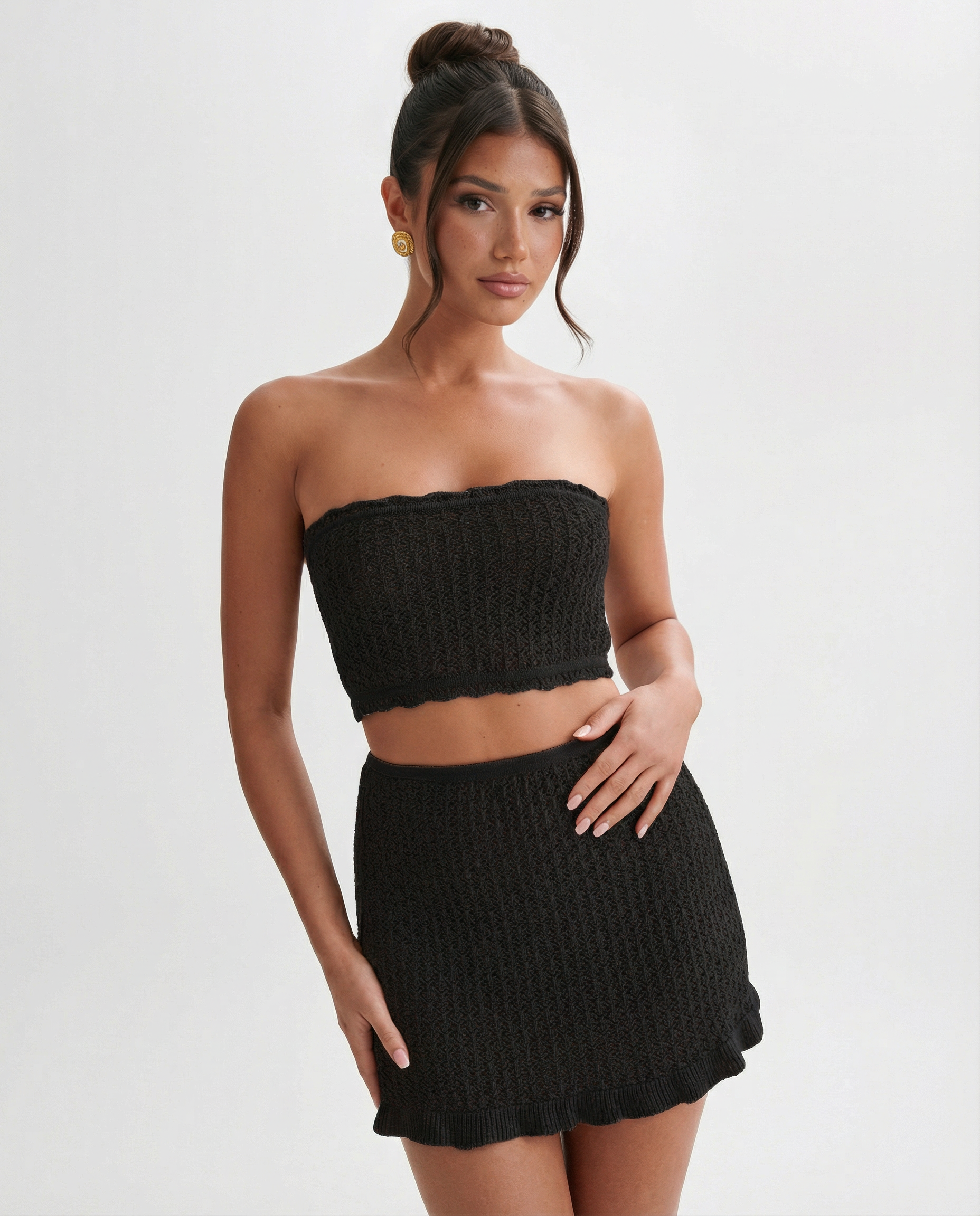 Mandy haak mini rok set in muntgroen met strapless top en vloeiende rok. 4