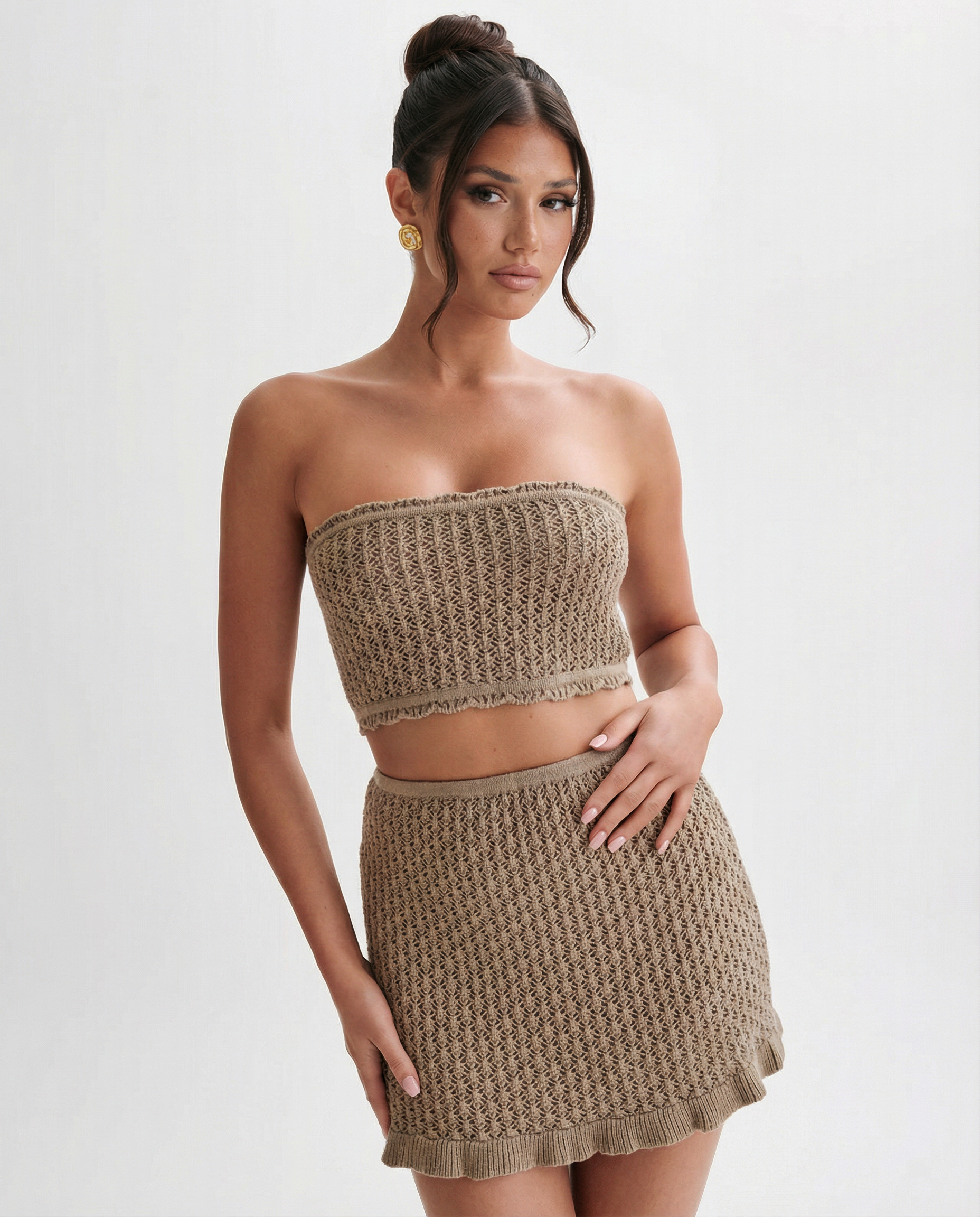 Mandy haak mini rok set in muntgroen met strapless top en vloeiende rok. 8