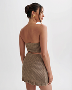 Mandy haak mini rok set in muntgroen met strapless top en vloeiende rok. 9