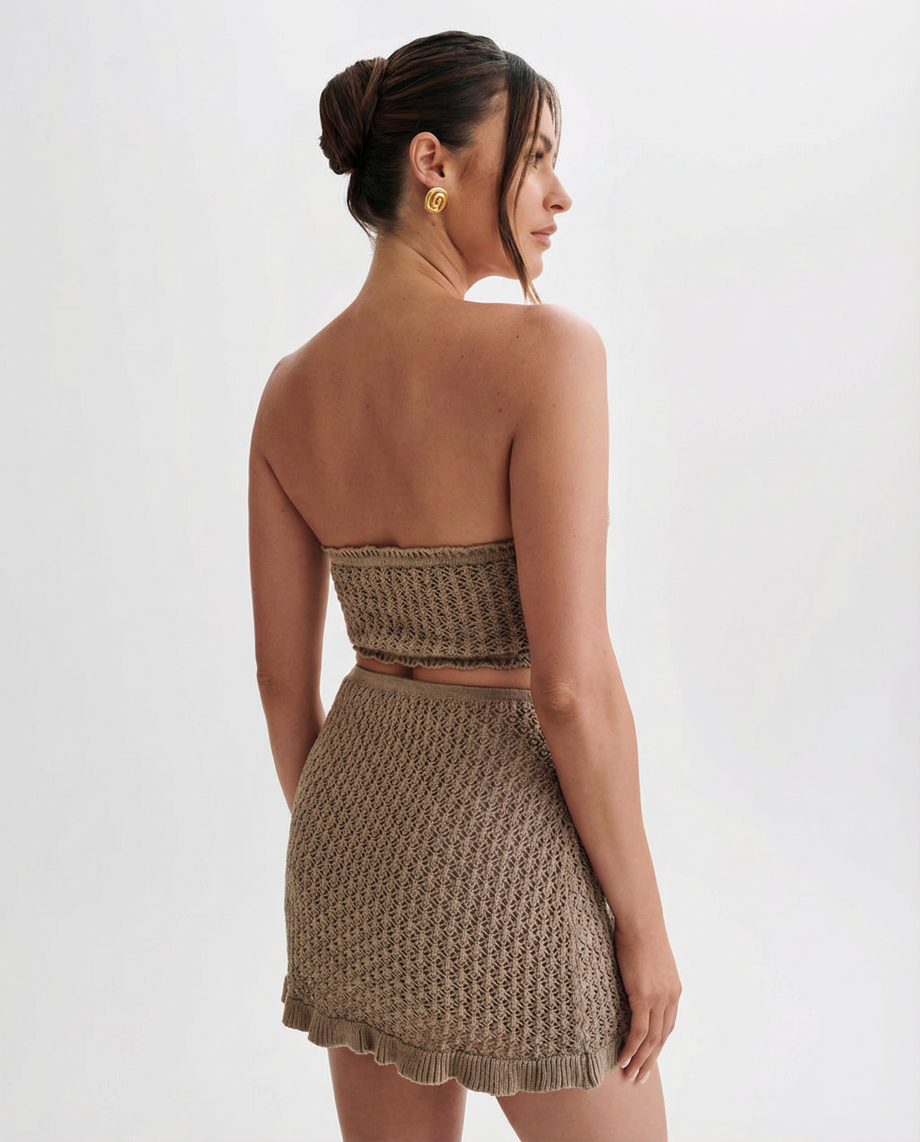 Mandy haak mini rok set in muntgroen met strapless top en vloeiende rok. 9