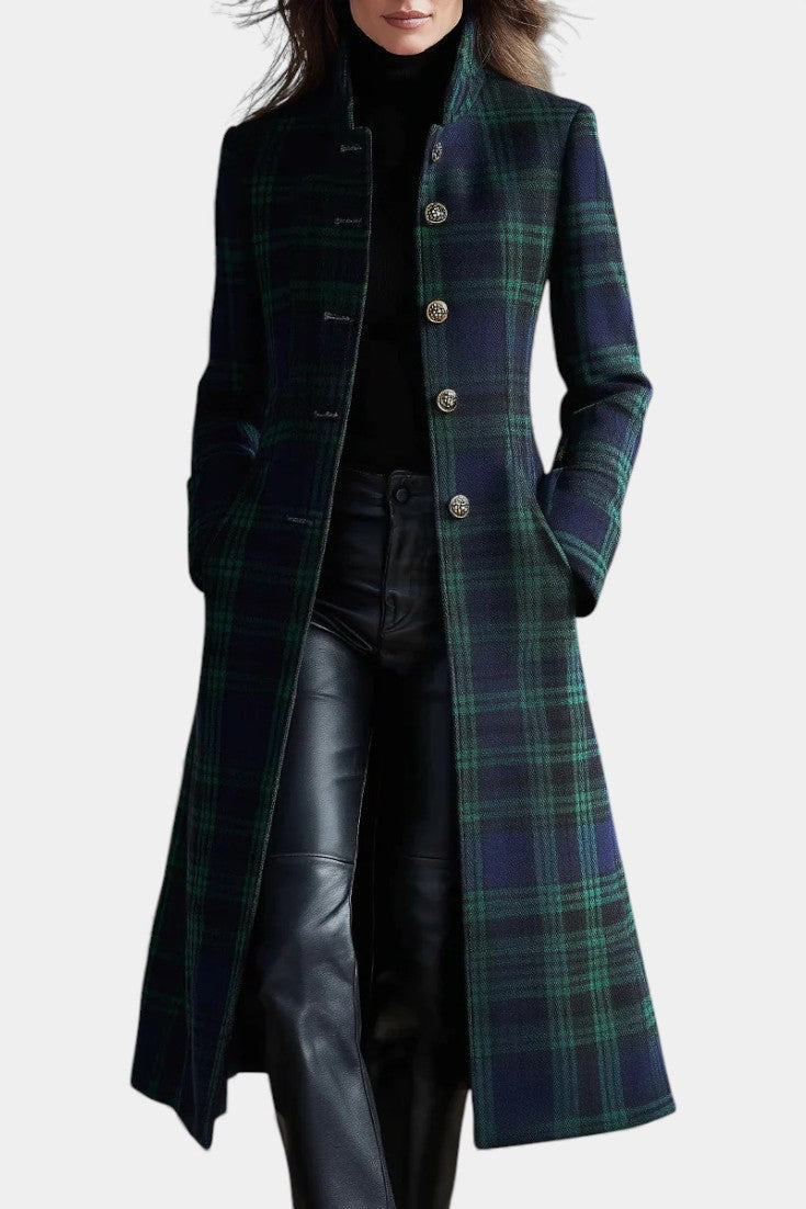 Elegante midi jas met blauw-groen ruitpatroon voor dames.