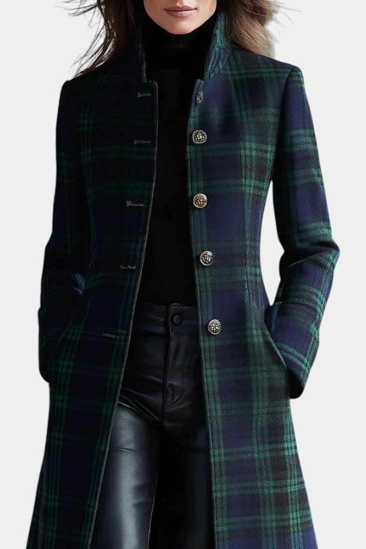 Elegante midi jas met blauw-groen ruitpatroon voor dames. 2