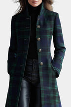 Elegante midi jas met blauw-groen ruitpatroon voor dames. 2