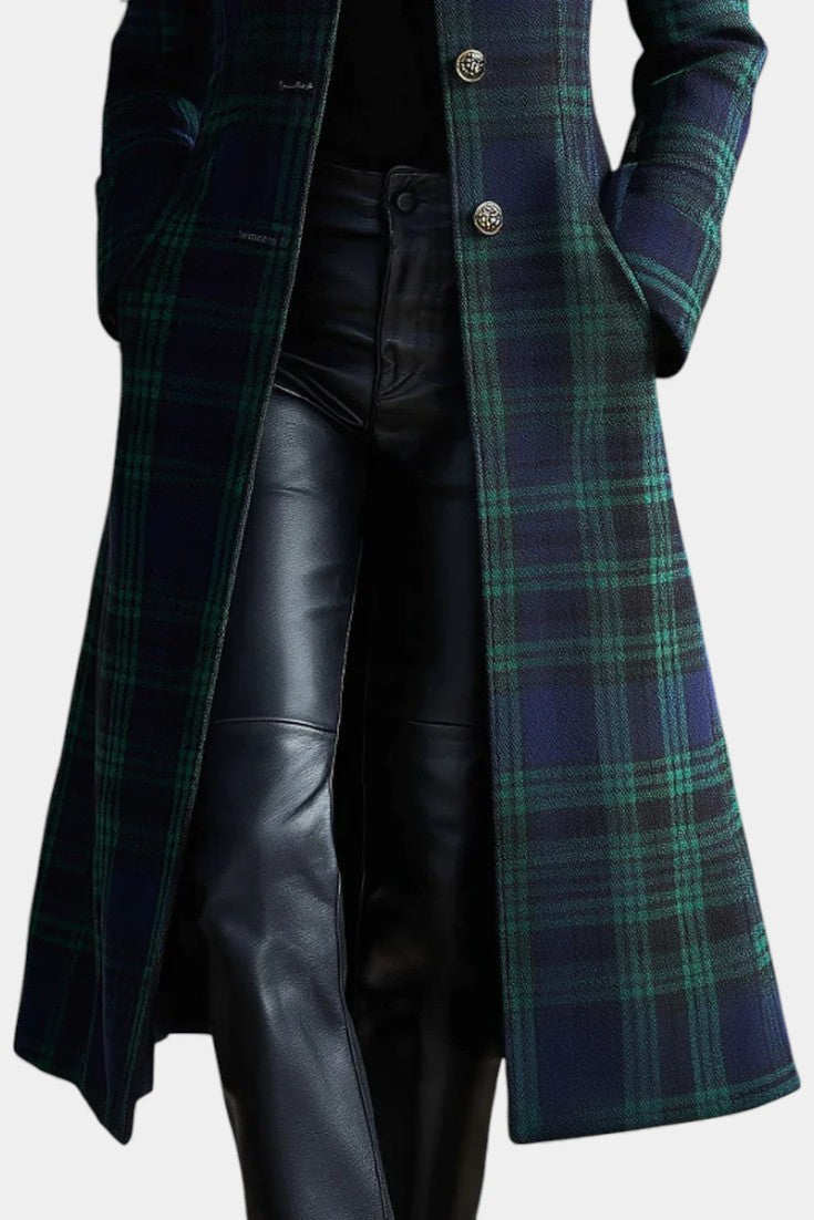 Elegante midi jas met blauw-groen ruitpatroon voor dames. 3