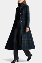 Elegante midi jas met blauw-groen ruitpatroon voor dames. 4
