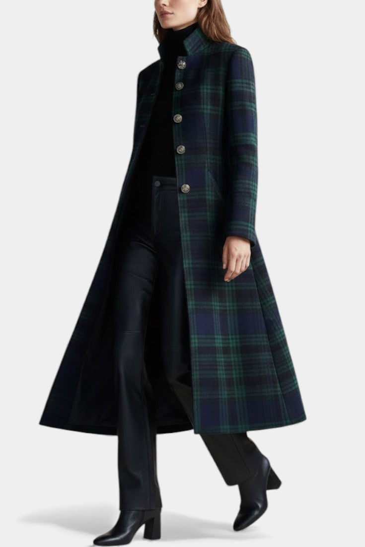 Elegante midi jas met blauw-groen ruitpatroon voor dames. 4