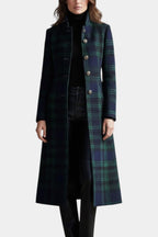 Elegante midi jas met blauw-groen ruitpatroon voor dames. 5