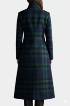 Elegante midi jas met blauw-groen ruitpatroon voor dames. 6