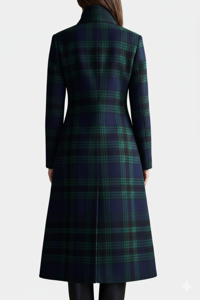 Elegante midi jas met blauw-groen ruitpatroon voor dames. 6