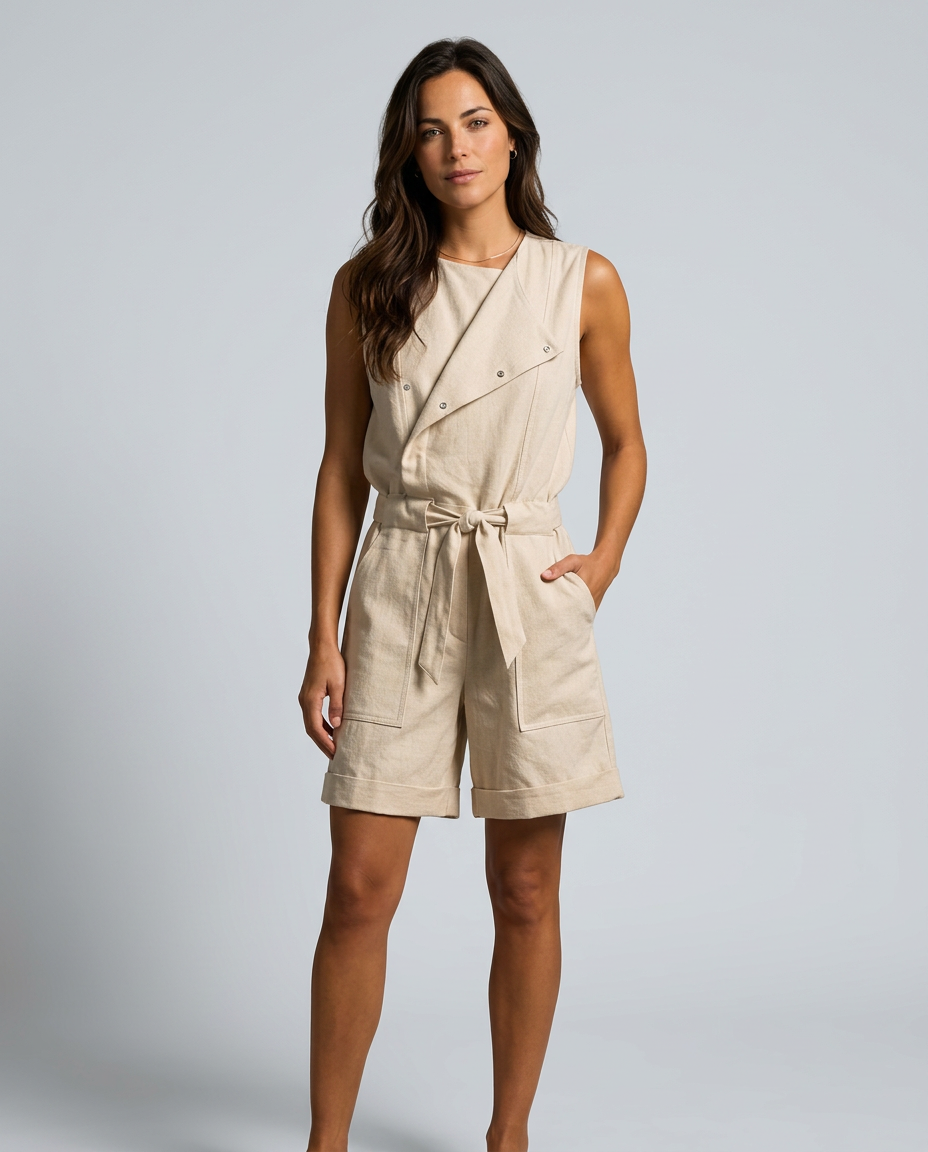 Mouwloze playsuit met tailleband in beige kleur. 2