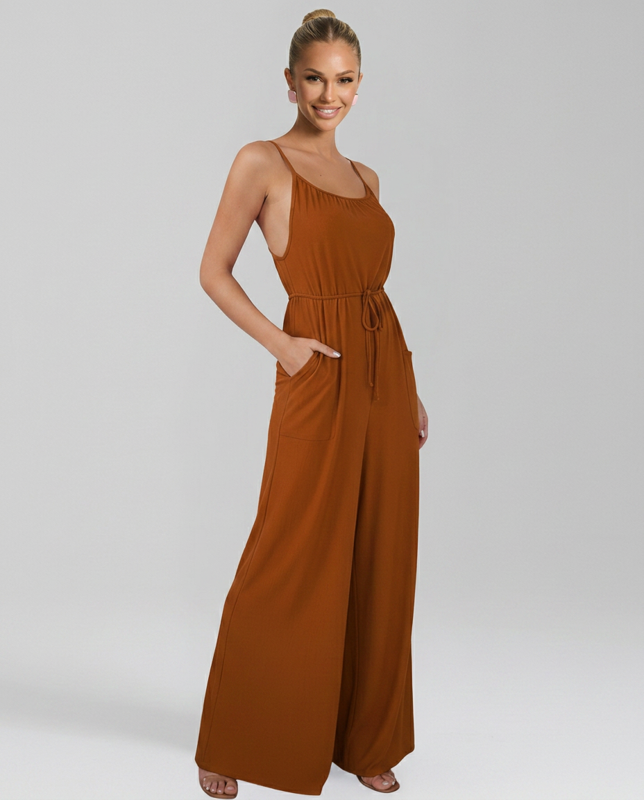 Myrna jumpsuit met wijde pijpen en aantrekkoord taille in bruin en beige. 3