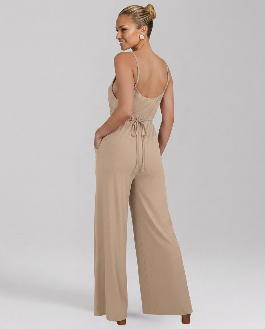 Myrna jumpsuit met wijde pijpen en aantrekkoord taille in bruin en beige. 5