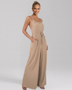 Myrna jumpsuit met wijde pijpen en aantrekkoord taille in bruin en beige. 6