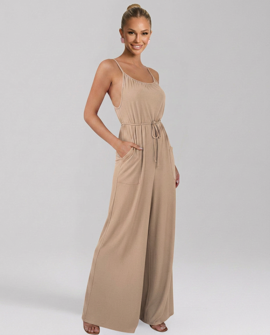 Myrna jumpsuit met wijde pijpen en aantrekkoord taille in bruin en beige. 6