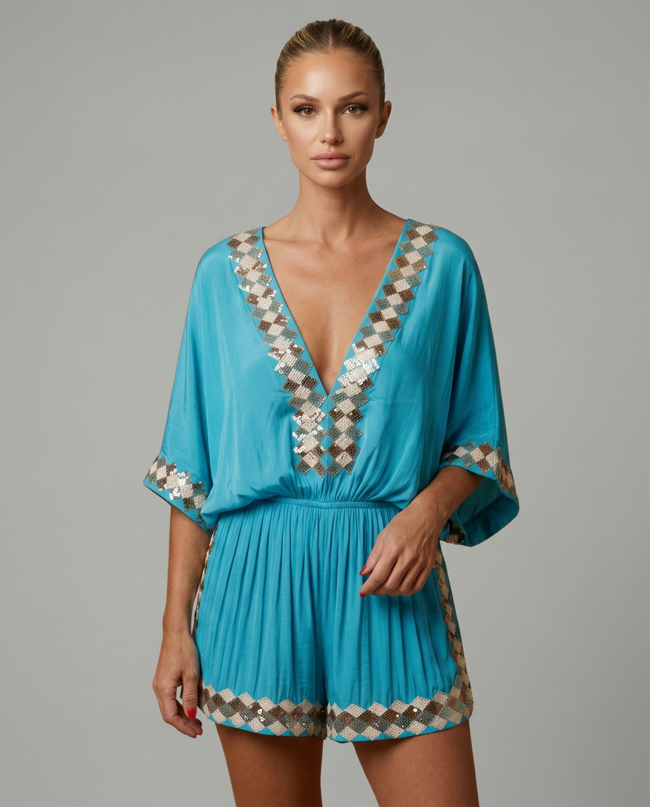 Elegante V-hals playsuit met korte mouwen en embellishments.