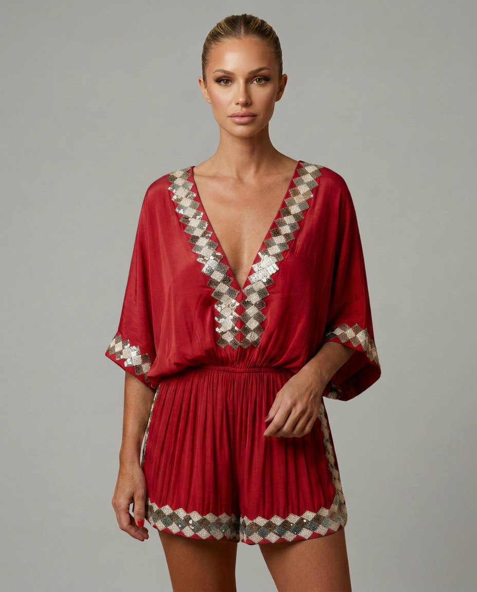 Elegante V-hals playsuit met korte mouwen en embellishments. 5