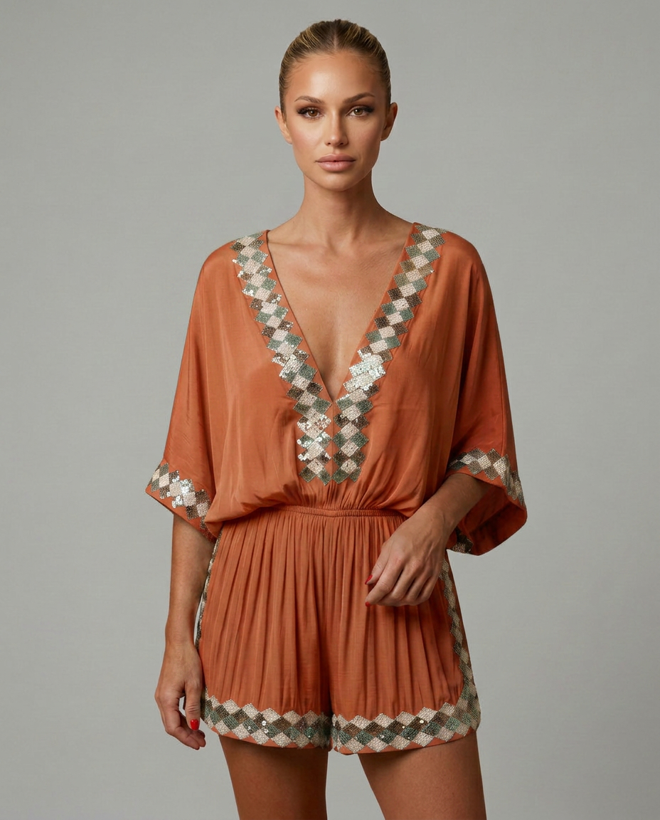 Elegante V-hals playsuit met korte mouwen en embellishments. 8