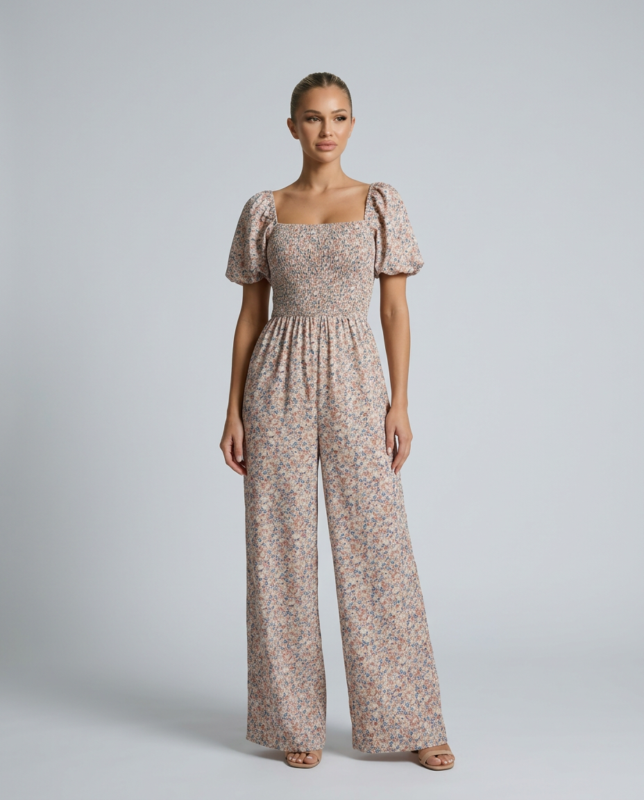 Bloemige jumpsuit met wijde pijpen en vierkante halslijn voor dames.