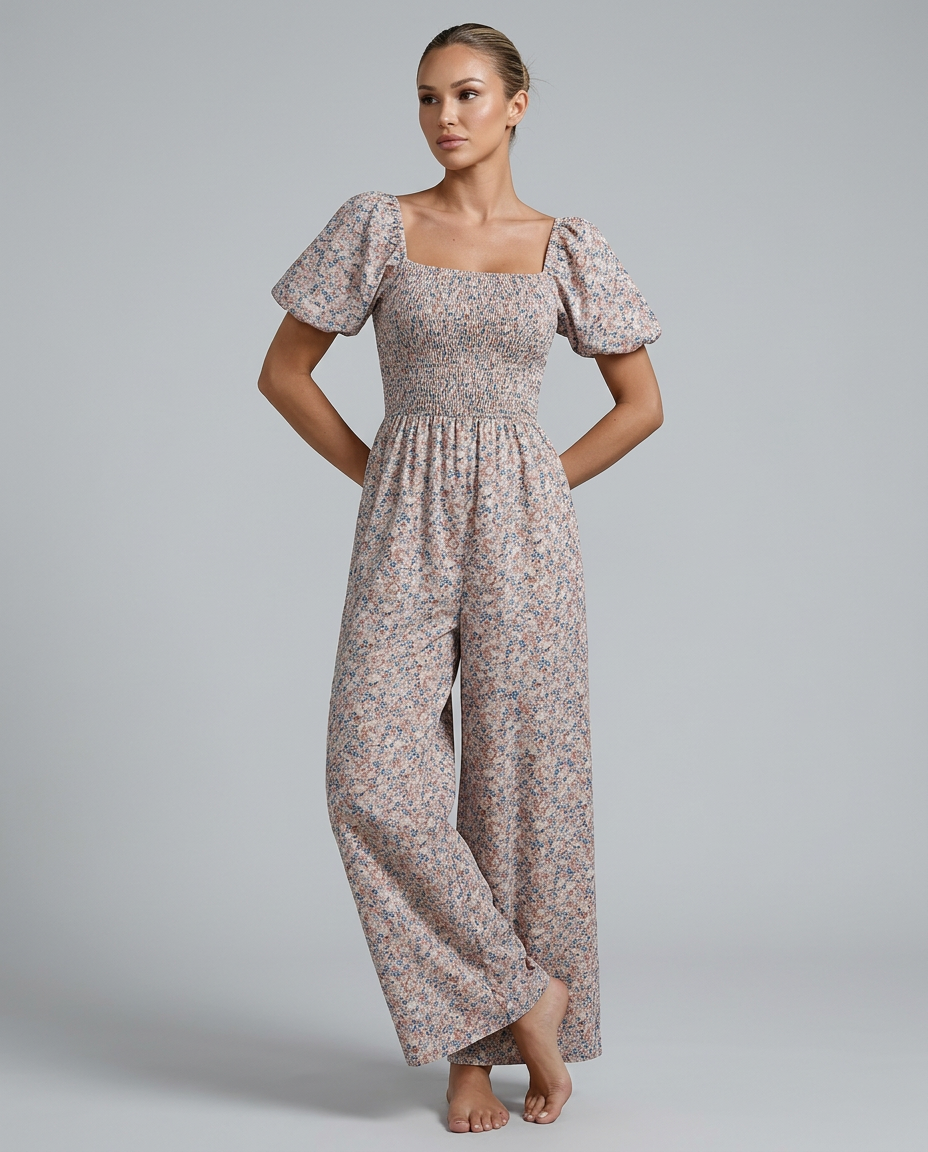 Bloemige jumpsuit met wijde pijpen en vierkante halslijn voor dames. 2