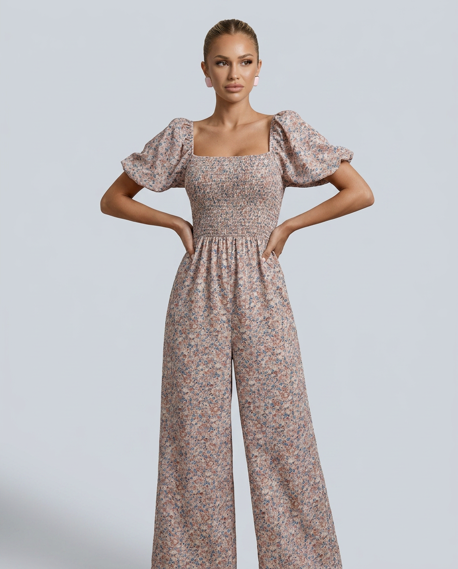 Bloemige jumpsuit met wijde pijpen en vierkante halslijn voor dames. 3