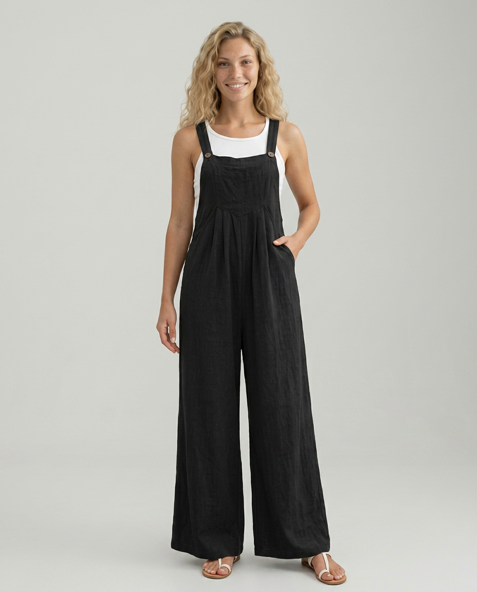 Rachel jumpsuit met wijde pijpen en verstelbare bandjes in zwart