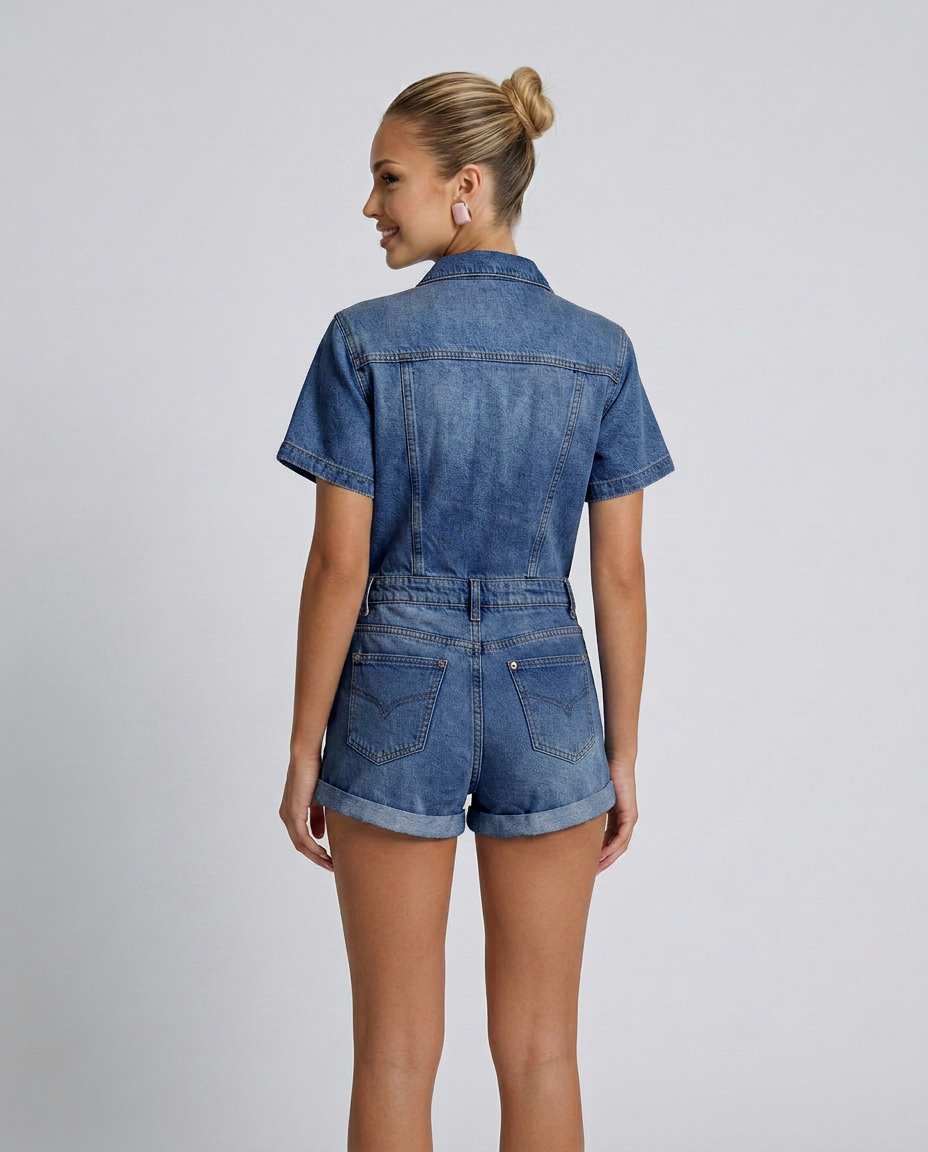 Stijlvolle korte denim playsuit met knoop-up voorkant en praktische zakken. 2
