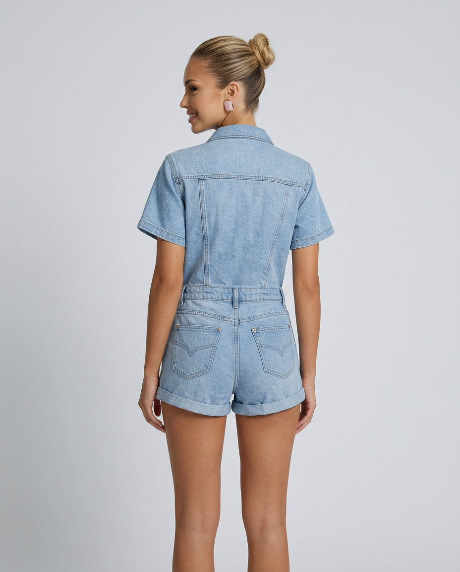 Stijlvolle korte denim playsuit met knoop-up voorkant en praktische zakken. 5