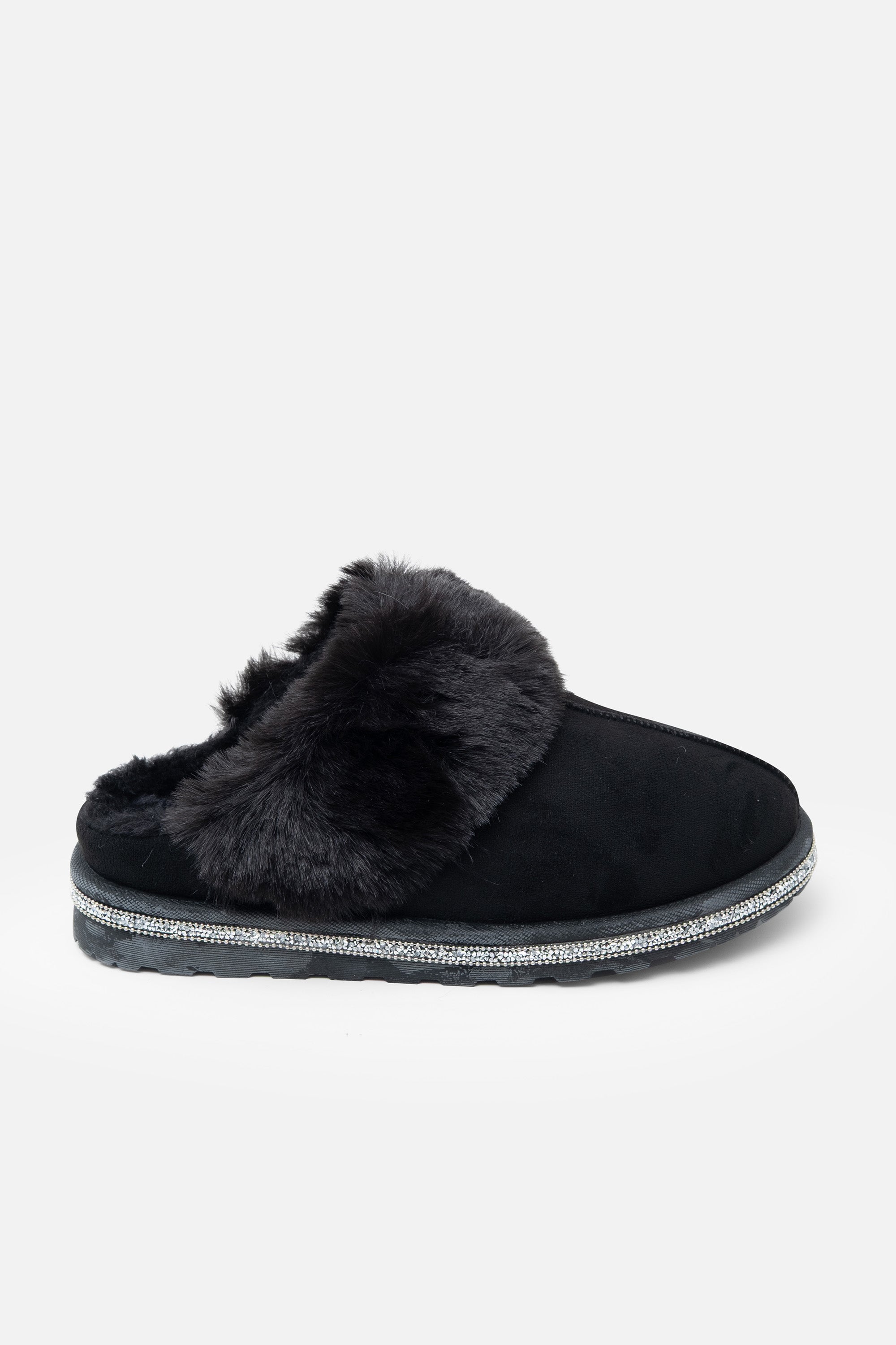 Sprankelende luxe snugg slippers in zwart met nepbont en kristallen rand. 4